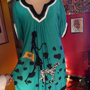 Teal Graphic Tunic Blouse with Embellished V-Neck